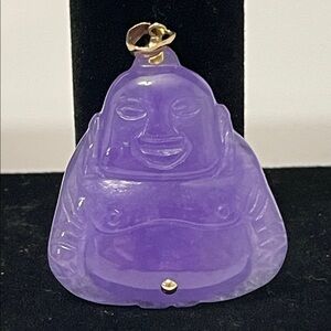 Lavender Jadeite Jade With 14K Yellow Gold Laughing Buddha Pendant (No Chain)